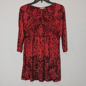 B. FRIENDS Red, Smocked Bodice, Fit & Flare Tunic Top; 3/4 Sleeves; Size M